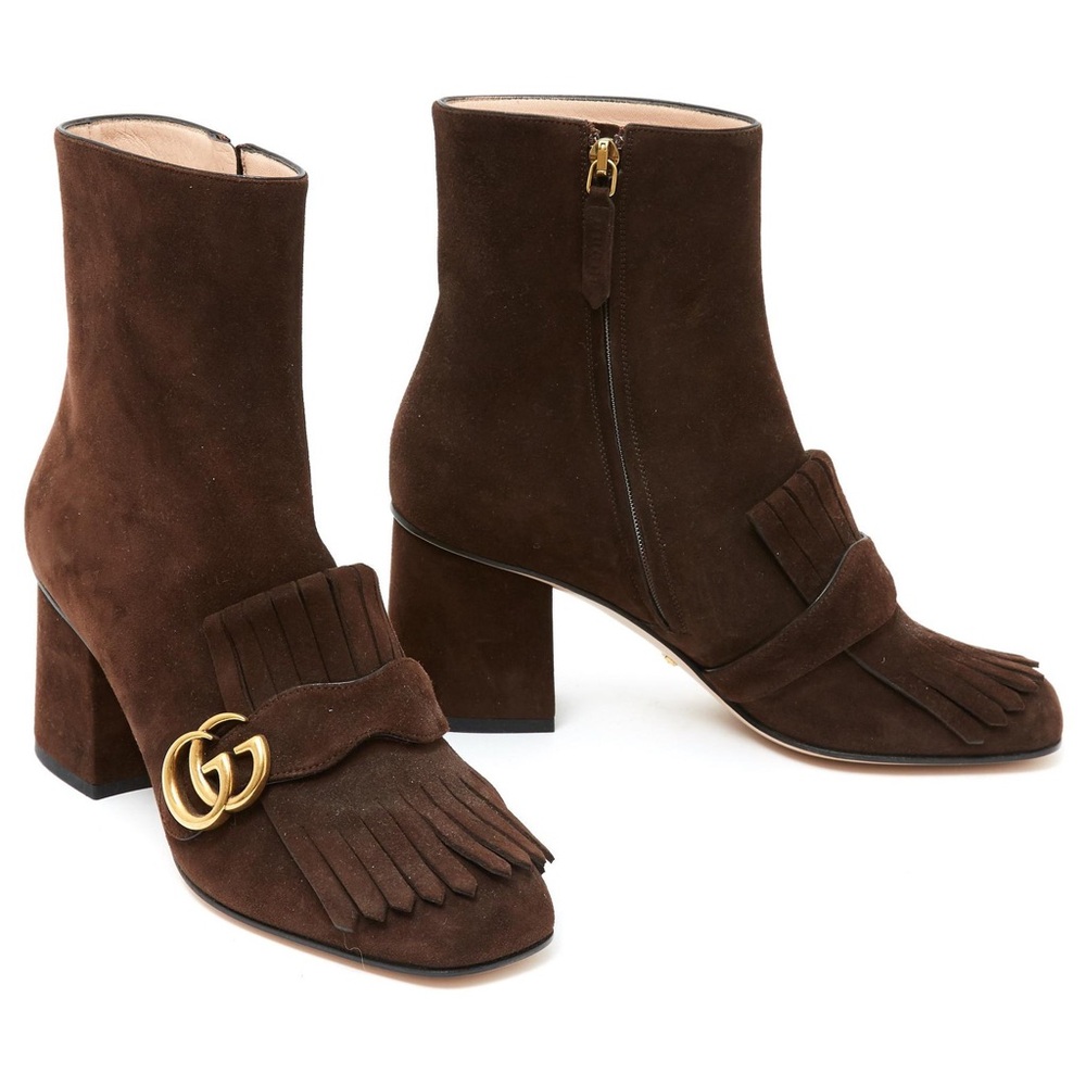 Gucci Dark Brown Suede Ankle Boots with Gold Logo